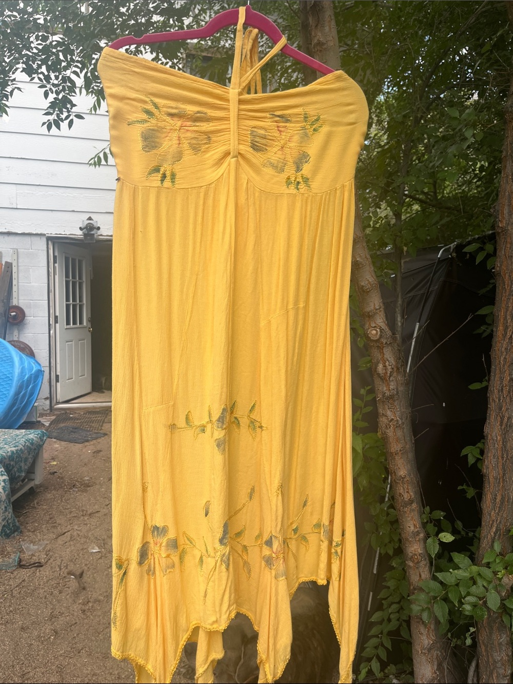 Yellow Asymmetrical Halter Maxi Dress with Floral Embroidery